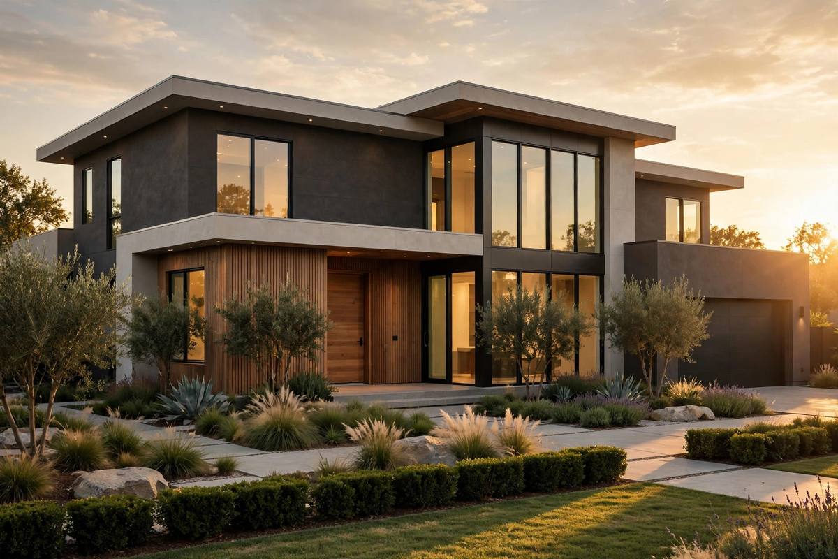 A recently completed house standing on a residential lot